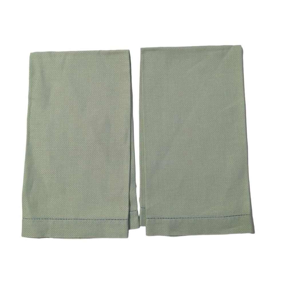 Vintage Pale Green Hemstitch Hand Towels Set of 2 Woven‎ Cotton Linen 20x14